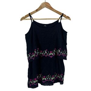 Max Tiered Floral Embroidered Cami Top Black Boho Sleeveless Size 12